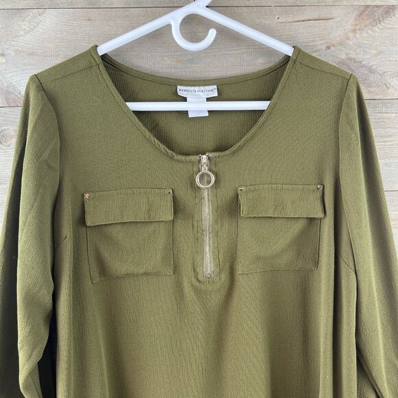 Rebecca Malone Womens Blouse 3/4 Sleeve Zip Neck Pockets Versatile Modern Large - Picture 2 of 6